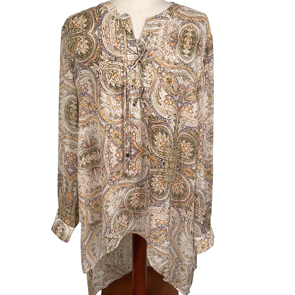 Chico's Blouse Women XL Orange Purple Paisley Lace Up High Low Tunic Sheer Boho